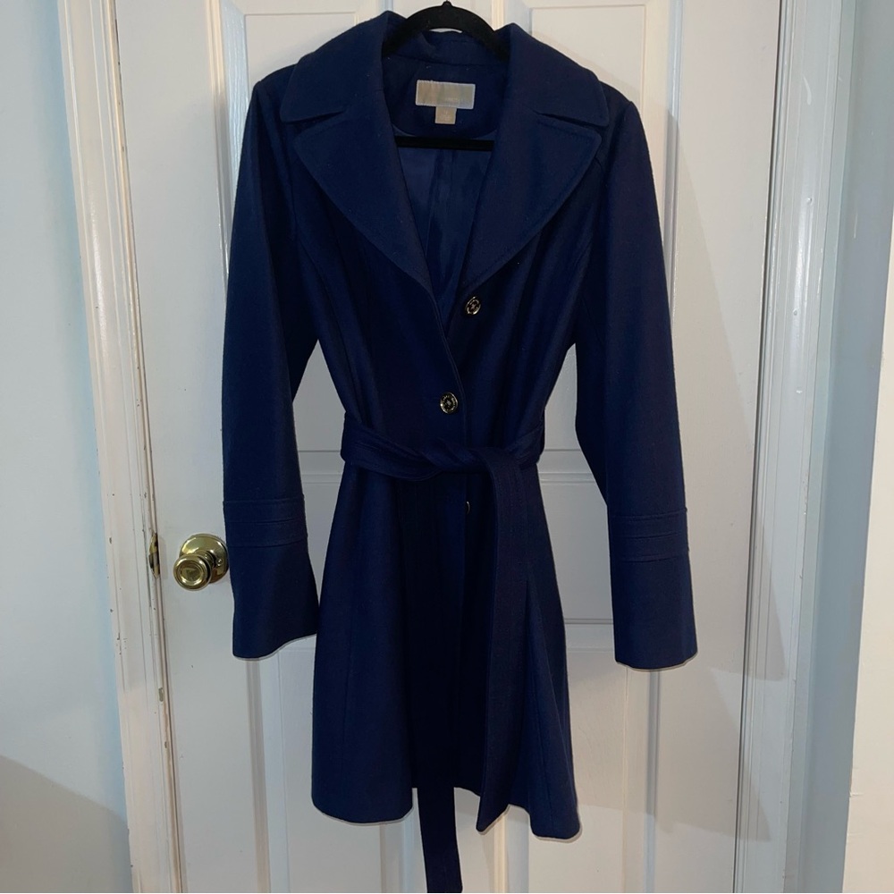 Michael Kors MK Shappire Blue Hooded Wool Belted Tie Waist Pea Coat - Picture 3 of 12